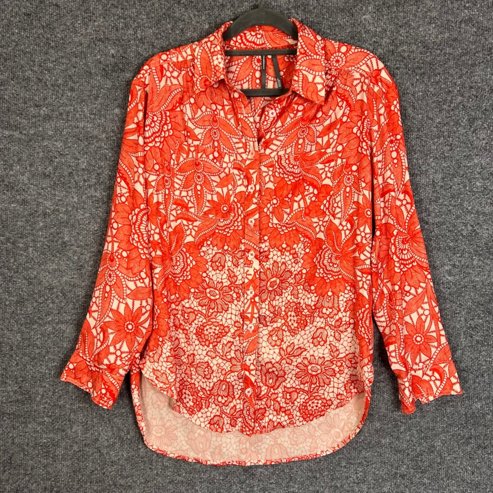 Anthropologie Button Down Shirt Womens XXS Orange Excellent Floral Lace Print